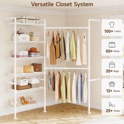 L2 Wall Mounted Closet System, Industrial Pipe Clothing Rack Clothes Racks with 2 Telescopic Rod & 6 Shelves, Heavy Duty Closet Organizers System in W