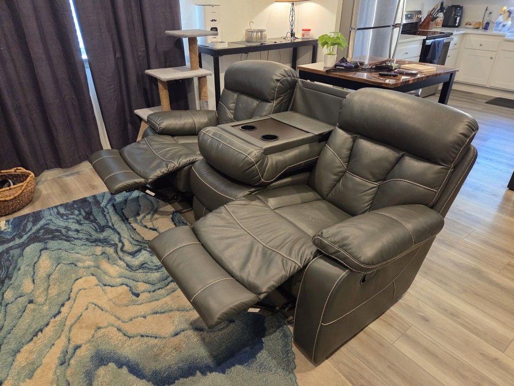 Vinyl Leather Recliner Couch with Drop Down Table (FREE PICKUP)