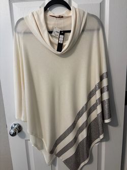Cream Cowl Neck Poncho with Silver Stripes