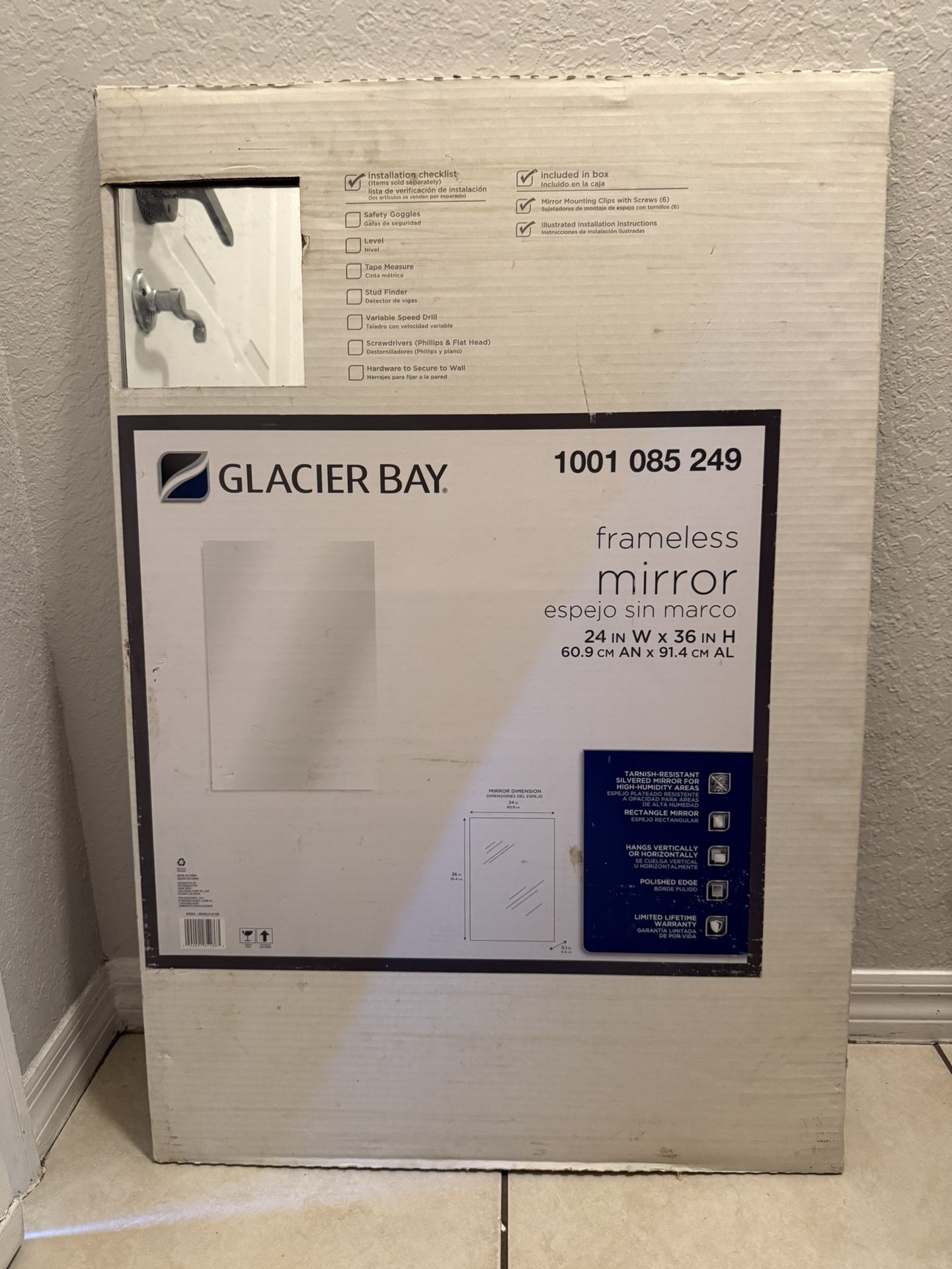 Glacier Bay Frameless Mirror 24 in W x 36 in H . Now in the box ! 