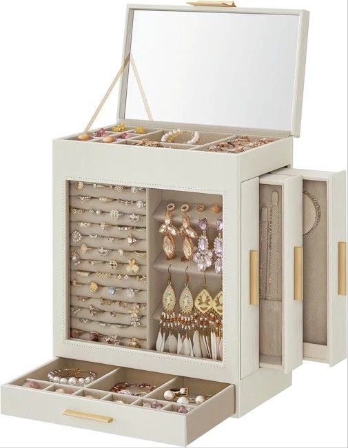 SONGMICS Jewelry Box with Glass Window, 5-Layer Jewelry Organizer with 3 Side Drawers, Jewelry Storage, with Big Mirror, Modern, 6.1 x 10.3 x 12.6 Inc