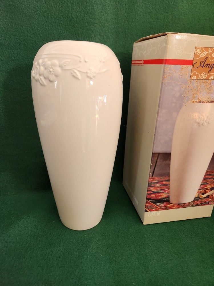 White Ceramic Glazed Vase Floral Embossed New Angelica