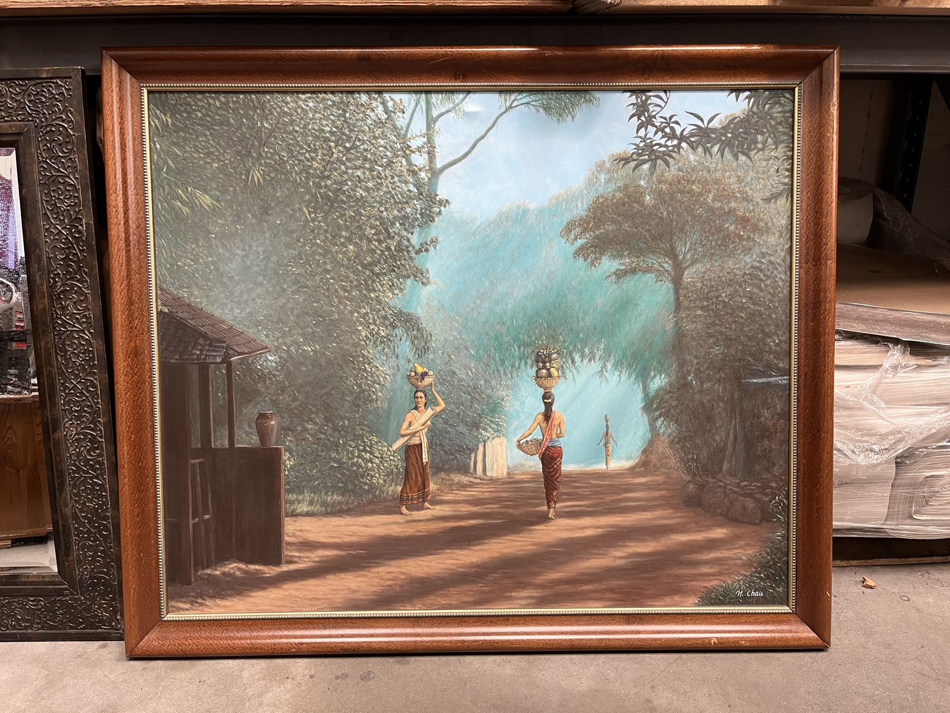 Two Balinese Women Carrying Baskets on their heads,signed oil painting.