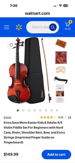 Extra Save More Eastar Kids & Adults 4/4 Violin Fiddle Set For Beginners with Hard Case, Rosin, Shoulder Rest, Bow, and Extra Strings (Imprinted Finge