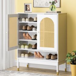 28.7'' Rattan Shoe Organizer Cabinet with Adjustable Partitions, Multi-Layer Narrow Shoe Cabinet for Entryway,Closet (White)