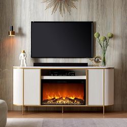 New 70" Fluted Modern Fireplace TV Stand - Remote Included- Heat/Flame/Timer Settings