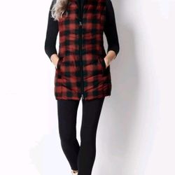 J. Jill Down Womens Size XL Red Black Buffalo Plaid Puffer Vest Full Zip Pockets.