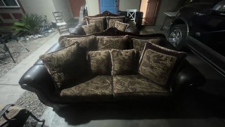 Ornate Faux Leather and Fabric Sofa and Loveseat Set