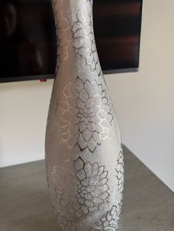 Tall Silver Decorative Vase with Floral Pattern