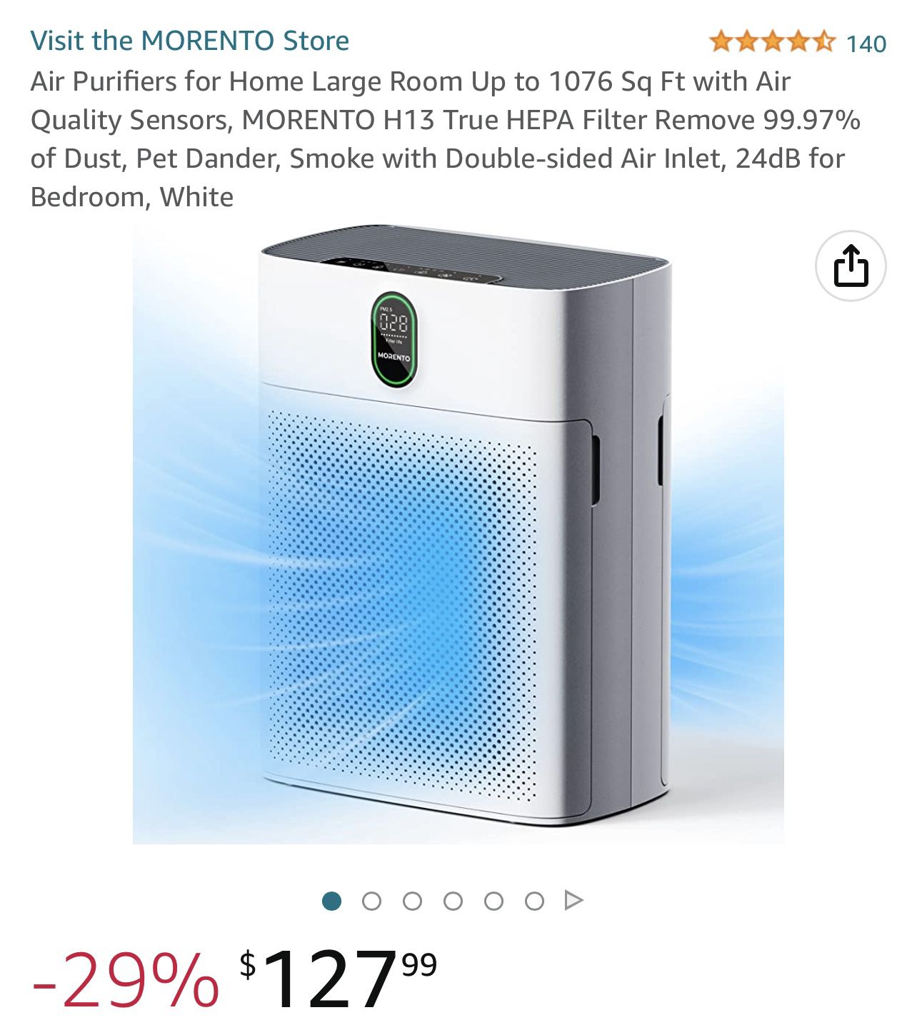  MORENTO Air Purifiers for Home Large Room up to 1076 Sq Ft with  PM 2.5 Display Air Quality Sensor, H13 True HEPA Filter Remove 99.97% of  Pet Hair with Double-sided Air