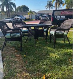 Vintage Wicker Rattan Patio Set With Cushions & Umbrella Holder