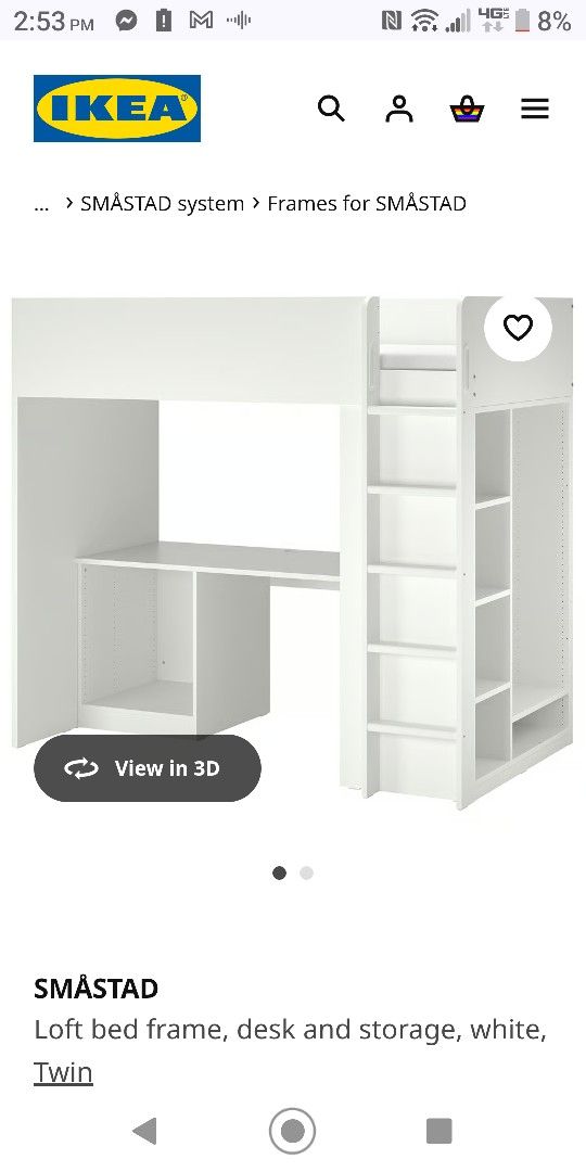 SMÅSTAD
Loft bed frame, desk and storage, white, Twin