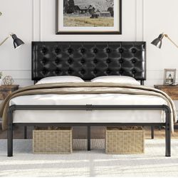 Queen Bed Frame Metal Platform Bed with Faux Leather Height-Adjustable Headboard, 12 Inch Underbed Storage/Noise Free/No Box Spring Needed/Industrial 