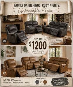3-Piece Reclining Sofa Set – Grey or Camel with Reclining Seats