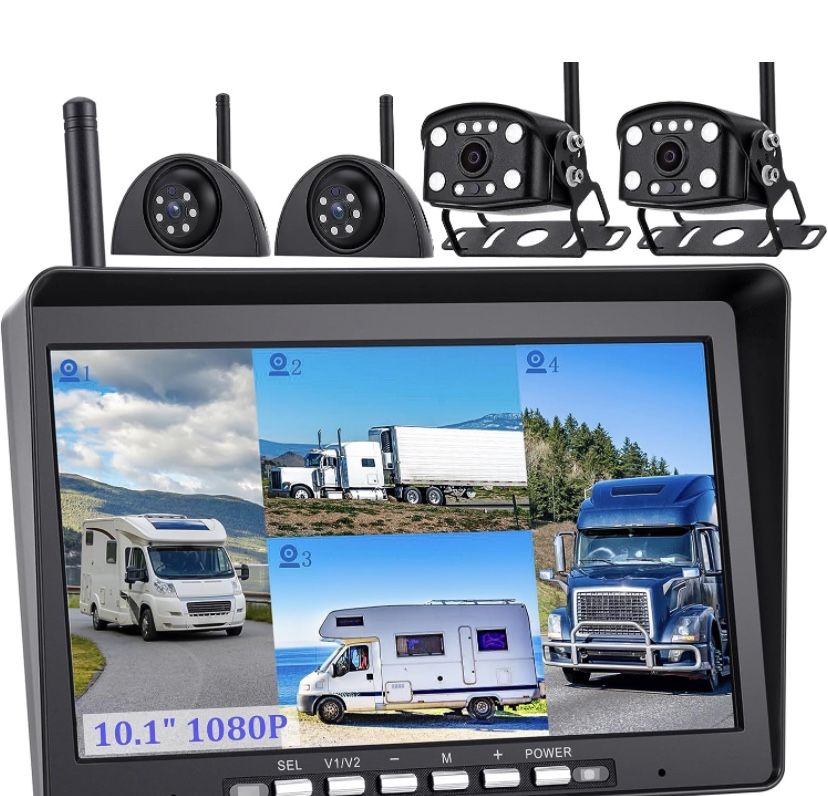 WOOCARTY 10.1" RV Backup Camera System Wireless 1080P DVR Recording Monitor, IP68 Waterproof Night Vision Rear Side Cameras for Truck/Trailer/Camper,