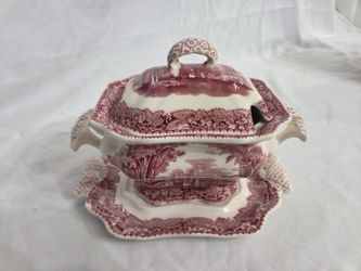 Vintage Mason's Ironstone "Vista" Pink/Red Sauce Tureen Set with Lid & Underplate