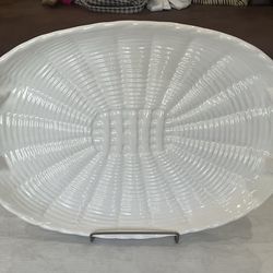 Vintage white ceramic oval serving platter with basketweave pattern and rope handles. Made in Portugal