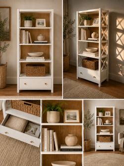 Modern White and Wood Bookshelf with Drawer Storage