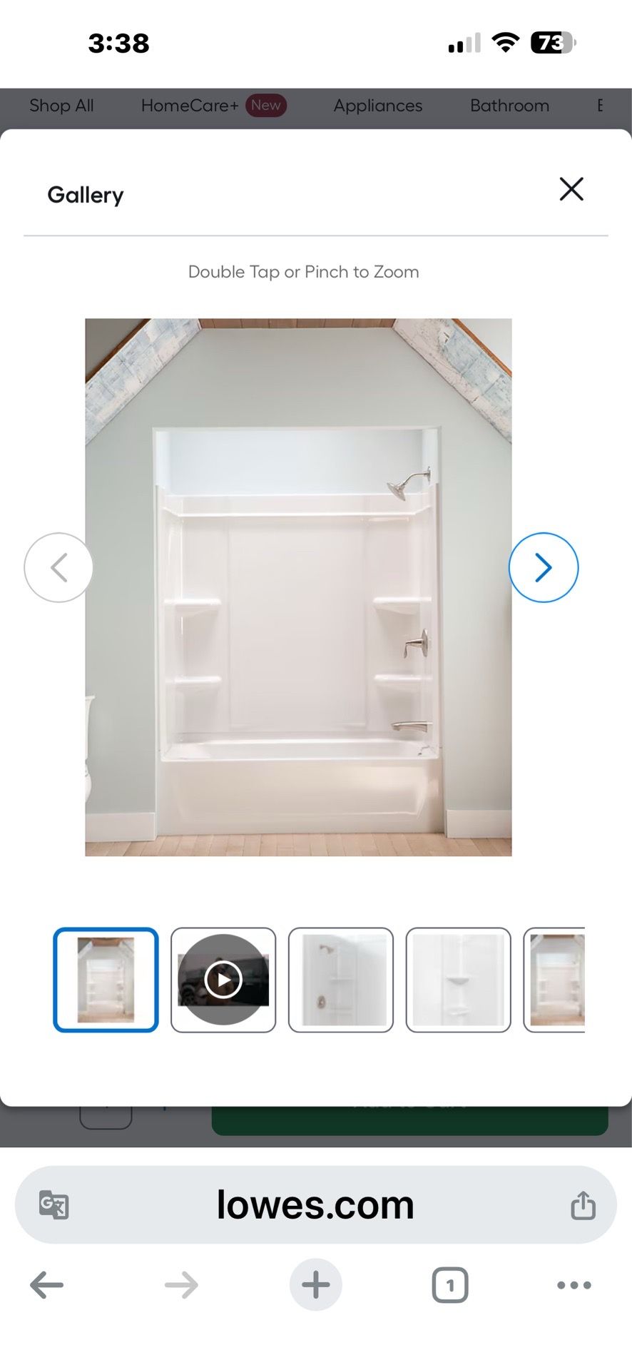 Lowe’s item#1526801 60in white 3 piece direct to stud bathtub surround