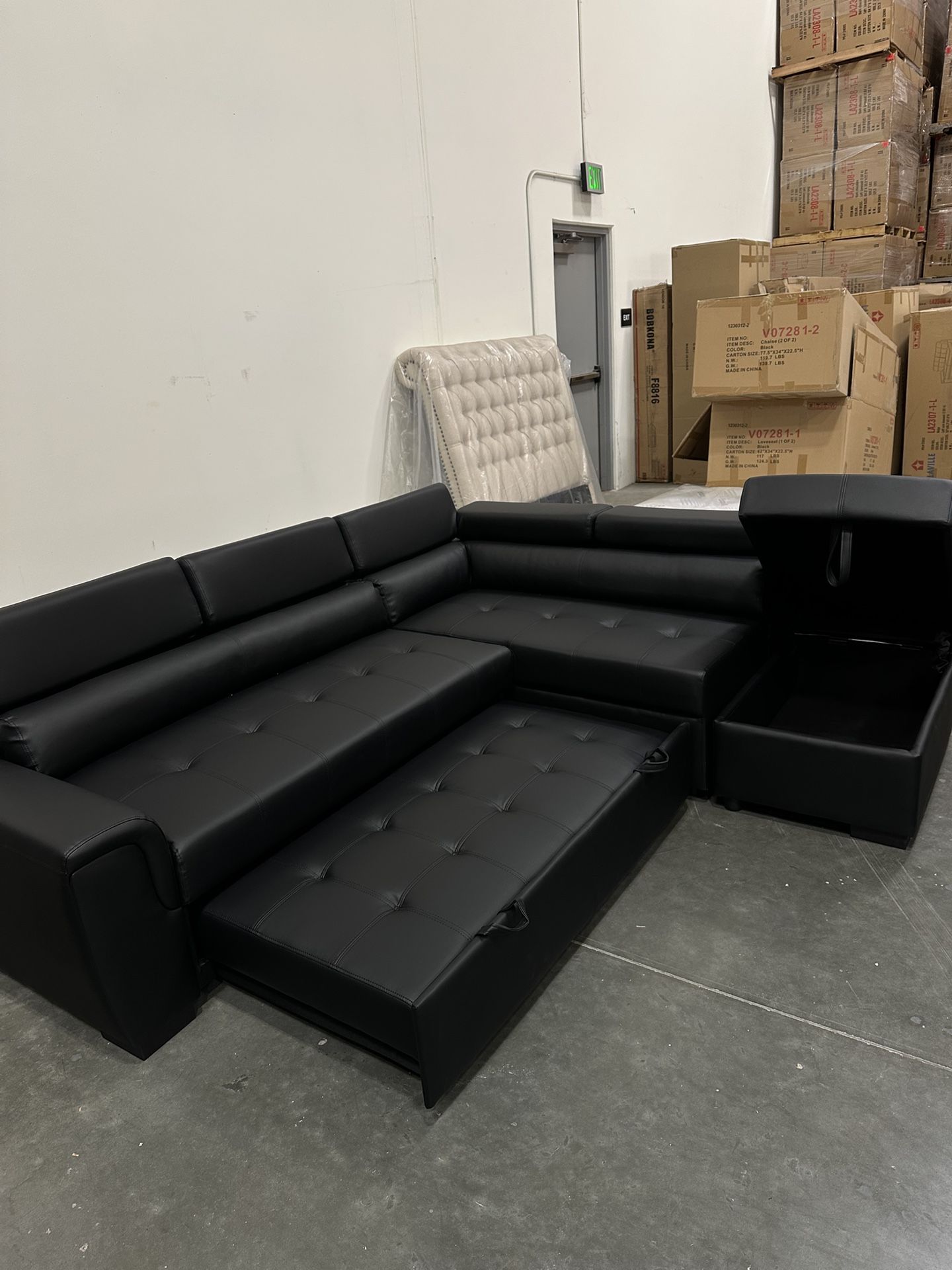 New! Contemporary Black Sectional, Black Faux Leather Sofa, L-Shaped Sofa With Pull-out Bed, Sofabed, Sectional Sofa Bed, Black Couch, Leatherette Sof