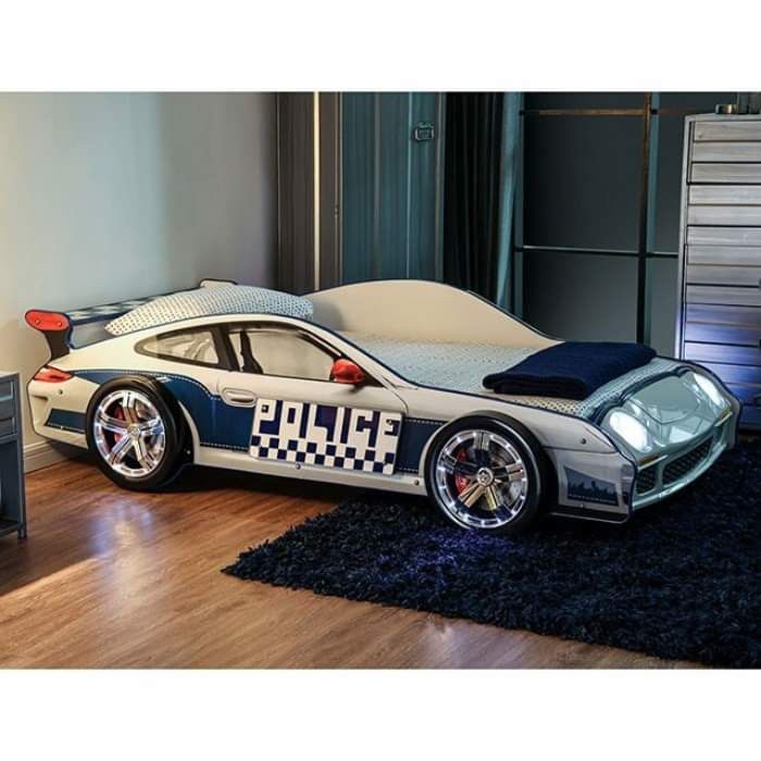 BLUE WHITE POLICE PATROL TWIN SIZE CAR BED - KIDS FURNITURE - CAMA CARRO - MUEBLES DE NINOS