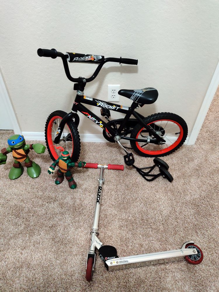 16" cycle with support wheels + razor scooter + toys
