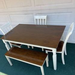 5-PC BROWN/WHITE FINISH DINING SET (1 TABLE 3 CHAIRS AND ONE BENCH)