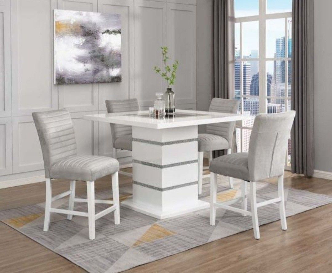 Brand New White Grey High Gloss Wood Top 5pc Counter Height Table Set