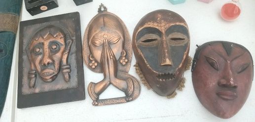 Lot Of 4 Vintage Hand Carved/Made Tribal Wooden/Brass Wall Masks 