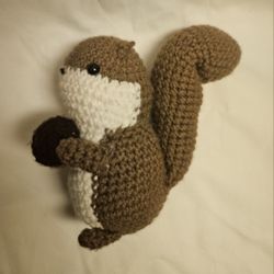 7½in Stuffed Crochet Squirrel Plush Holding a Matching Acorn Prop W/ Safety Eyes