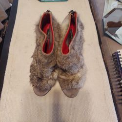 Charles Jourdan Ecliptic Rabbit Fur Bootie Peep Toe Heels