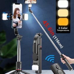 44.9 Inch Selfie Stick With Reinforced Tripod - 2 Fill Lights, Extendable & Portable Phone Tripod With Remote, Compatible With IPhone 14 Pro Max/13/12