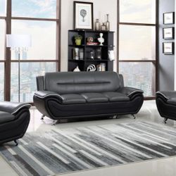 Grey Black Leather Living Room Sofa Set 3pc - Delivery And Financing Available 