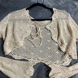 $10 Cute Cream Knit Hollow Out Crop Cardigan  