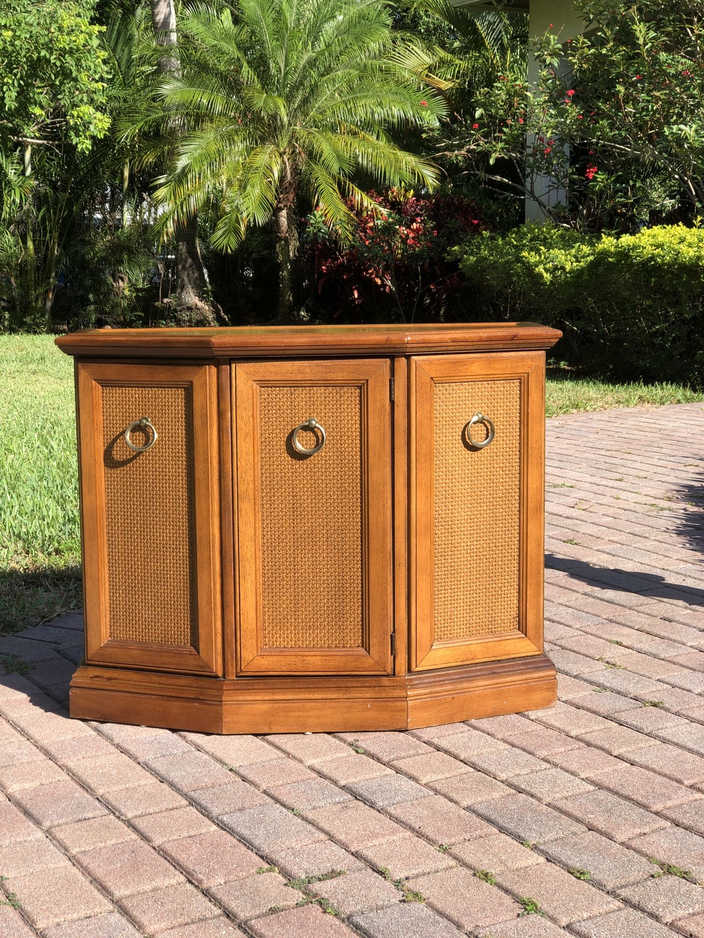1970s American Pecan And Rattan Console Cabinet Table / Thomasville