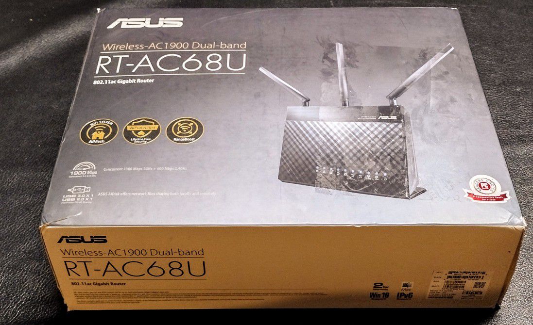 Open Box ASUS RT-AC68U AC1900 Dual-Band Gigabit 3X3 Wi-Fi Router. **Adhesive on box**