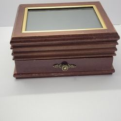 Vintage Wooden Jewelry Box w/ Mirror Drawer & Photo Frame Lid Storage Organizer