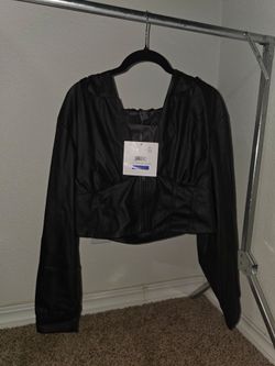 Black Faux Leather Cropped Hooded Jacket New