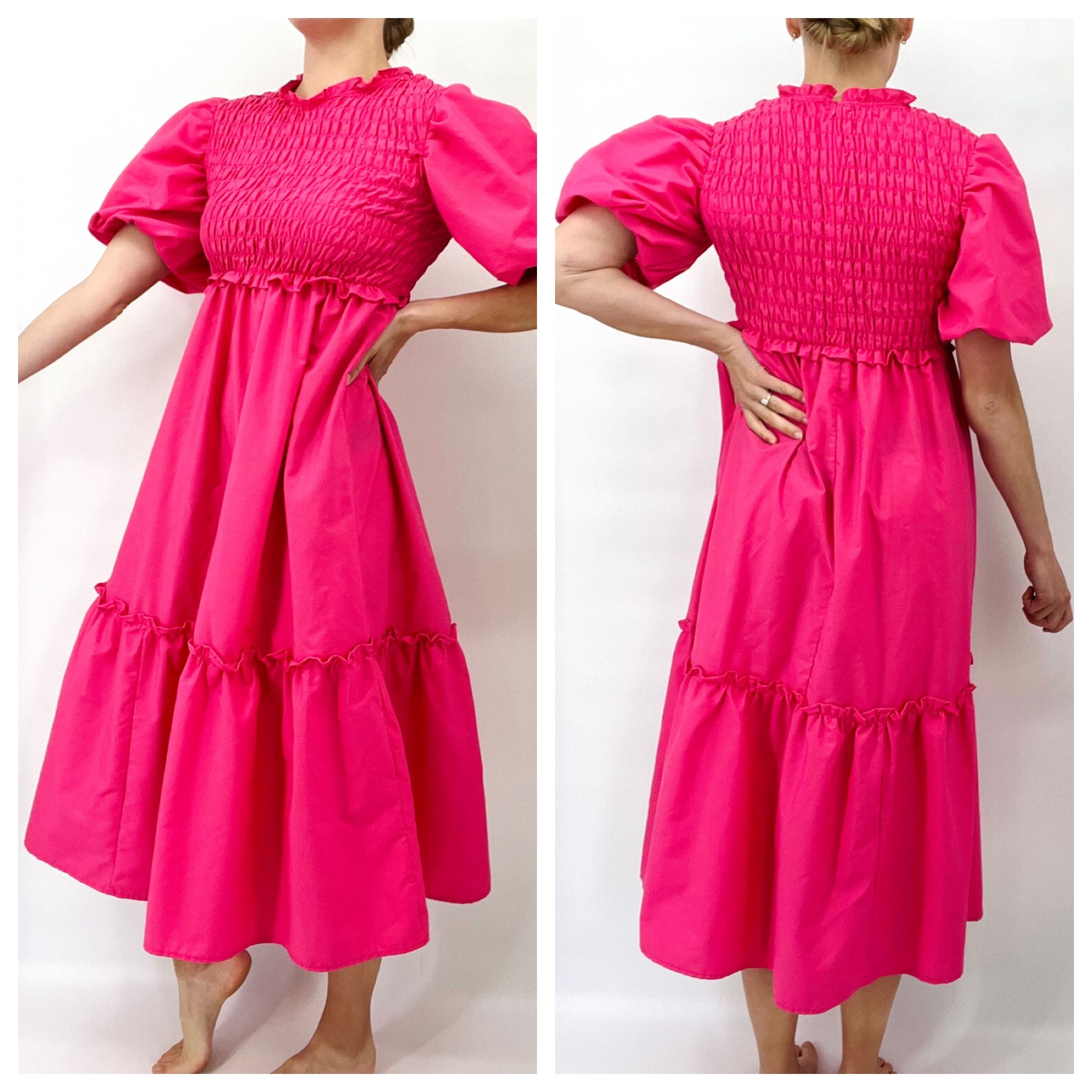 SHEIN Pink Smocked Puff Sleeve Midi Ruffle Dress Women’s Small