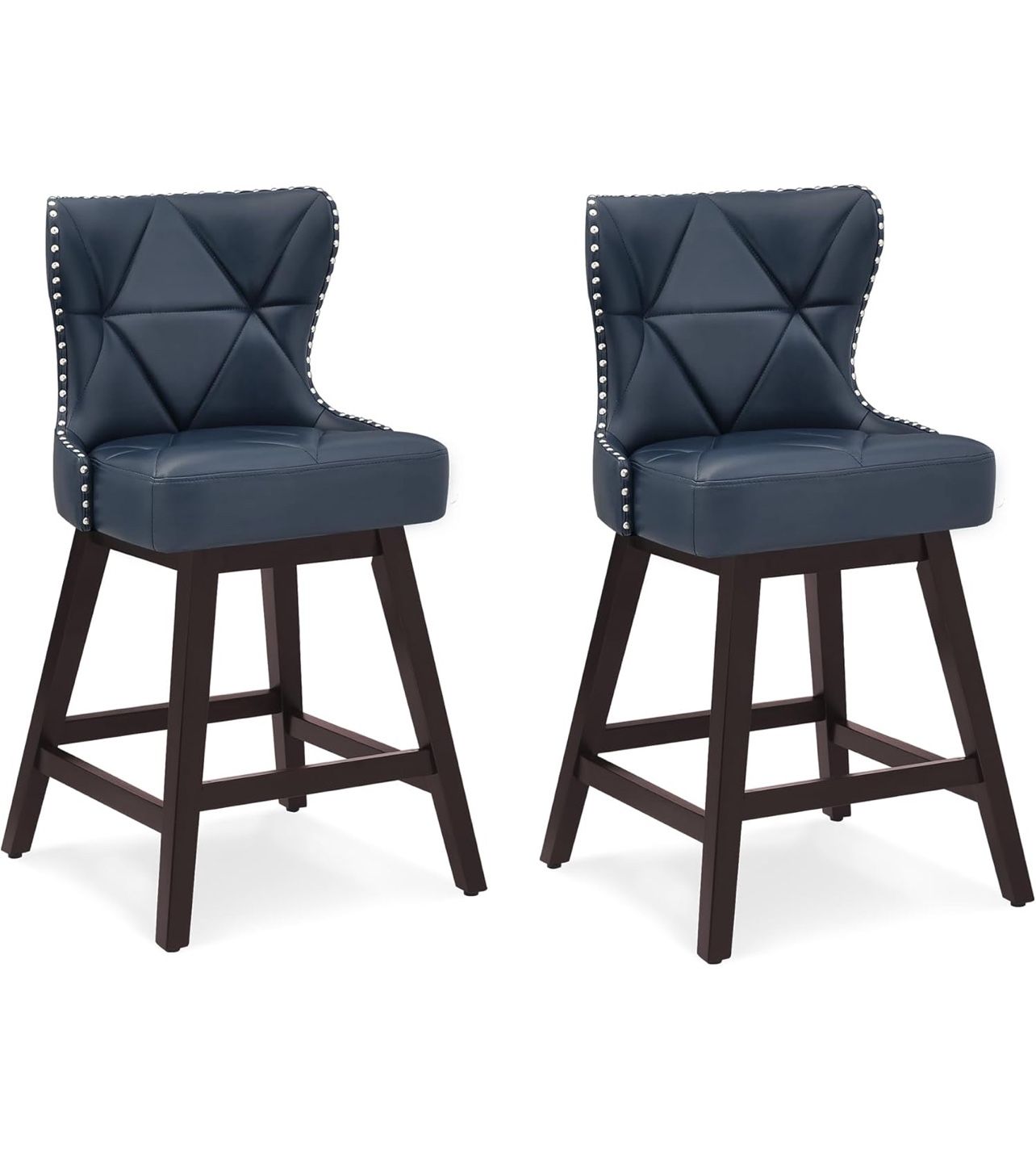 Navy Blue Counter Height Bar Stools Set of 2, 26" H Swivel Bar Stool with Back, Faux Leather Counter Stool, Solid Wood Legs, Retro Upholstered Barstoo