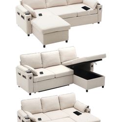 Sectional Sleeper Sofa L shaped Charging Couch with Usb Storage Chaise Reversible Pull Out Bed for Small Space