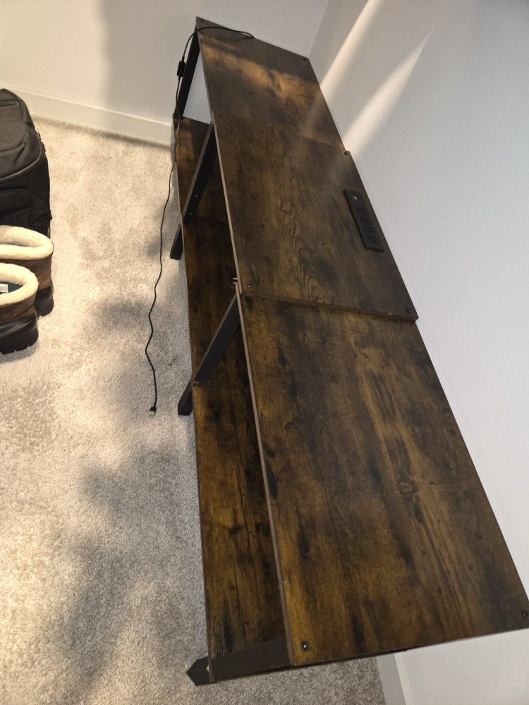Rustic Wood Console Table with Built-in Power Outlet - 2-Tier Storage Shelves, Industrial Style"