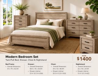 Modern Twin/Full Bedroom Set Gray Oak Bed Dresser Chest Nightstand New