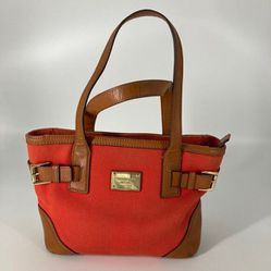 orange canvas shoulder bag brown leather trim

