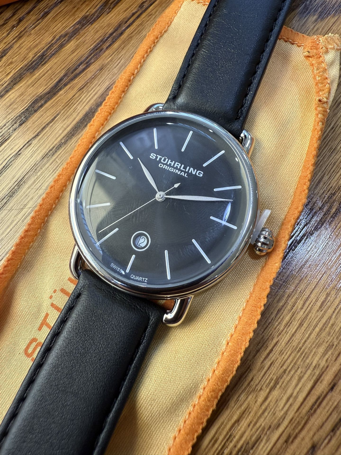 Stuhrling Original Swiss Watch Men 42mm Silver Tone Black Dial Date NWT