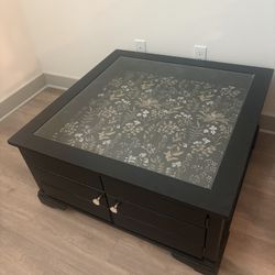 Black Accent Side Table with Glass Top and Floral Inlay