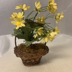 Vintage decorative Hanging Basket With Handle & artificial yellow daisy flowers 