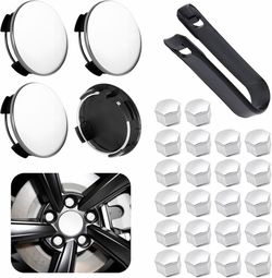 Tesla Model Y / 3 Wheel Cap Kit (Silver), 4 Hub Center Caps + 20 Lug Nut Covers
