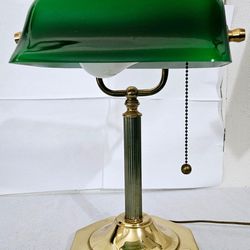 Rare Vintage Bankers Lamp Green Glass Shade 1980s Brass Hexagon Shape Base