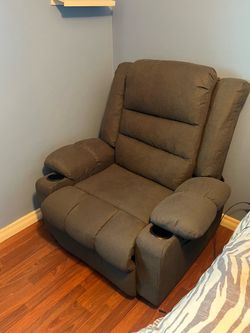 Grey Fabric Recliner Chair with Cup Holders - Great Condition